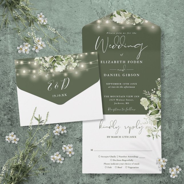 Invitation Tout En Un Olive Green String Lights Verdure Floral Mariage (Olive Green String Lights Greenery Floral Wedding All In One Invitation)