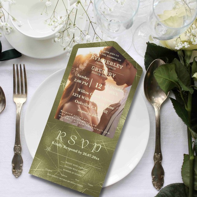 Invitation Tout En Un Olive Sage Green Shimmer Line Arrière - plan Photo (Créateur téléchargé)