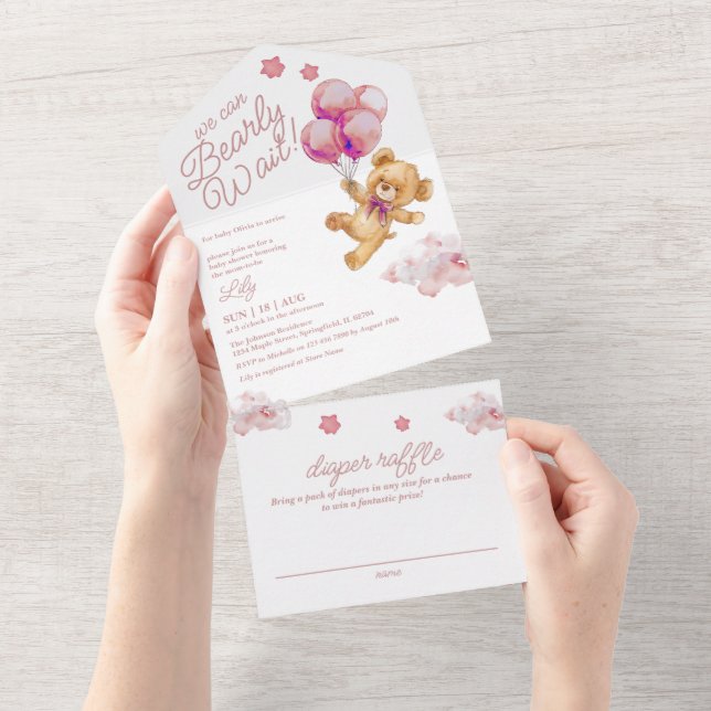Invitation Tout En Un On Peut Attendre Teddy Bear Baby shower rose (Déchirure)
