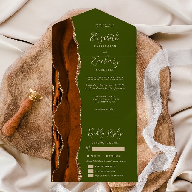 Invitation Tout En Un Options de repas vert olive Agate or rouille Maria (Créateur téléchargé)