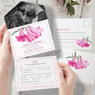 Invitation Tout En Un Options de réponse de mariage rose art botanique d