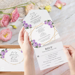Invitation Tout En Un Or Doré Pailleté Géométrique Fleurs Violettes Mari