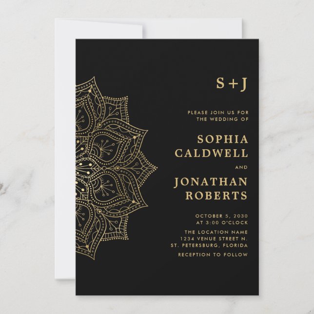 Invitation Tout en un or Mandala Monogram Mariage noir (Devant)