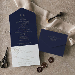 Invitation Tout En Un Or Romantique Calligraphie   Noces de Monogramme M