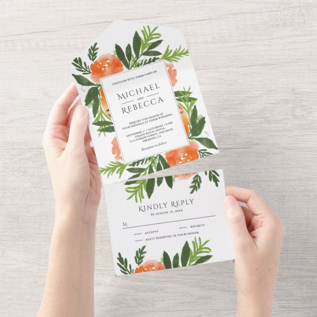 Invitation Tout En Un Orange Aquarelle Floral Garden Mariage de verdure (Déchirure)