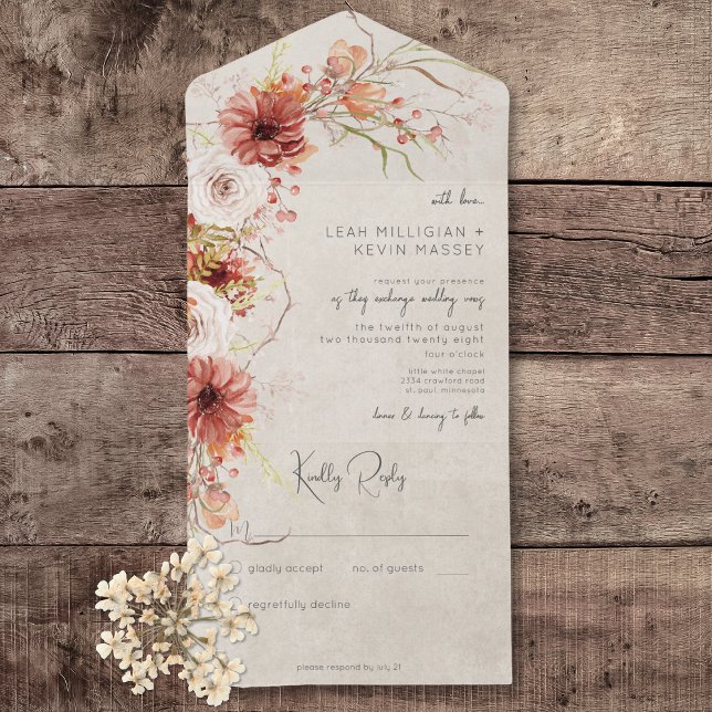 Invitation Tout En Un Orange Brûlé & Crème Boho Floral Sans Dîner (Burnt Orange & Cream Boho Floral All In One Wedding Invitation without dinner options)