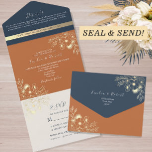 Invitation Tout En Un Orange floral et Mariage bleu marine