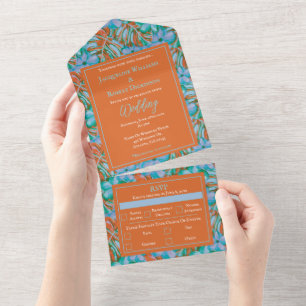 Invitation Tout En Un Orange tropicale et Mariage floral bleu