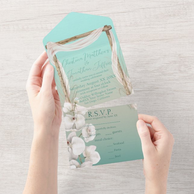 Invitation Tout En Un Orchidées & Arc Boho sur la plage Mariage (Déchirure)