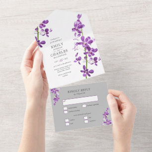 Invitation Tout En Un Orchidées Violettes, Mariage Élégant Moderne Tout