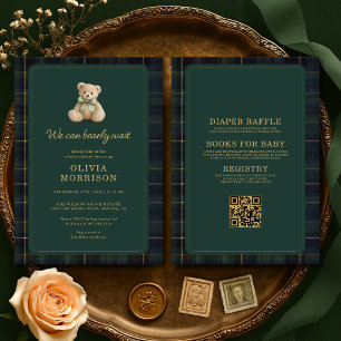 Invitation Tout en Un Ours Attend avec Plaid Vert Baby Shower