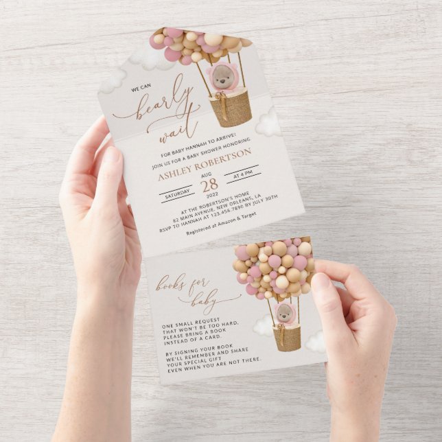 Invitation Tout En Un Ours, Ballons roses, Ballons à air chaud, Baby sho (Déchirure)