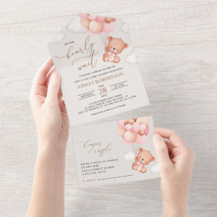Invitation Tout En Un Ours De Bébé, Ours En Teddy, Ballons Roses, Baby s