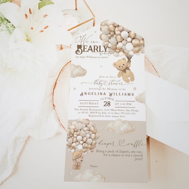 Invitation Tout En Un Ours en peluche avec ballons Baby shower neutre (Créateur téléchargé)
