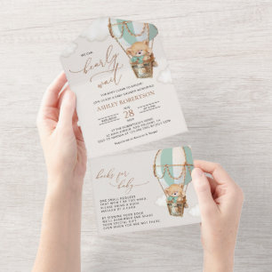 Invitation Tout En Un Ours en peluche, Ballon à air chaud vert, Baby sho