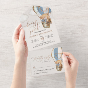 Invitation Tout En Un Ours en peluche, Bleu à air chaud, premier anniver