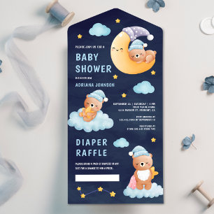 Invitation Tout En Un Ours en peluche endormi sur la lune Shower bébé bl
