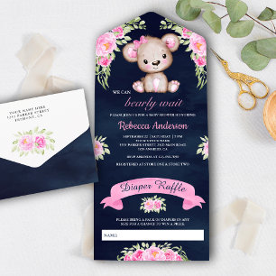Invitation Tout En Un Ours en peluche floral aquarelle rose Baby Shower