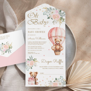 Invitation Tout En Un Ours en peluche montgolfière florale rose Baby Sho