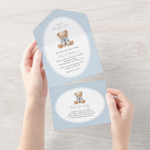 Invitation Tout En Un Ours en peluche, Nœud bleu, Points bleus, Baby Sho