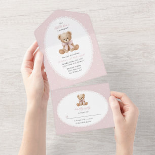 Invitation Tout En Un Ours en peluche, nœud, pois roses, premier anniver