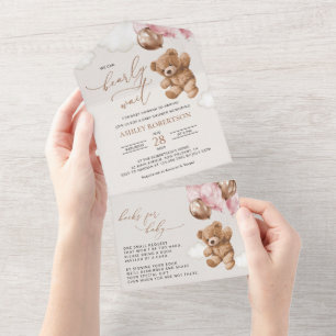 Invitation Tout En Un ours en peluche, ours bébé, ballons roses, Baby sh