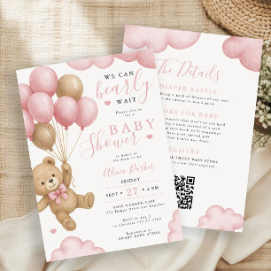 Invitation Tout en un ours rose ballons fille baby shower