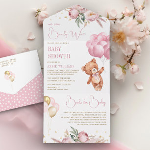 Invitation Tout En Un Ourson bohème Ballons roses Fête prénatale florale