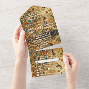 Invitation Tout En Un Pailleté Or Élégant Paon qui dégouline