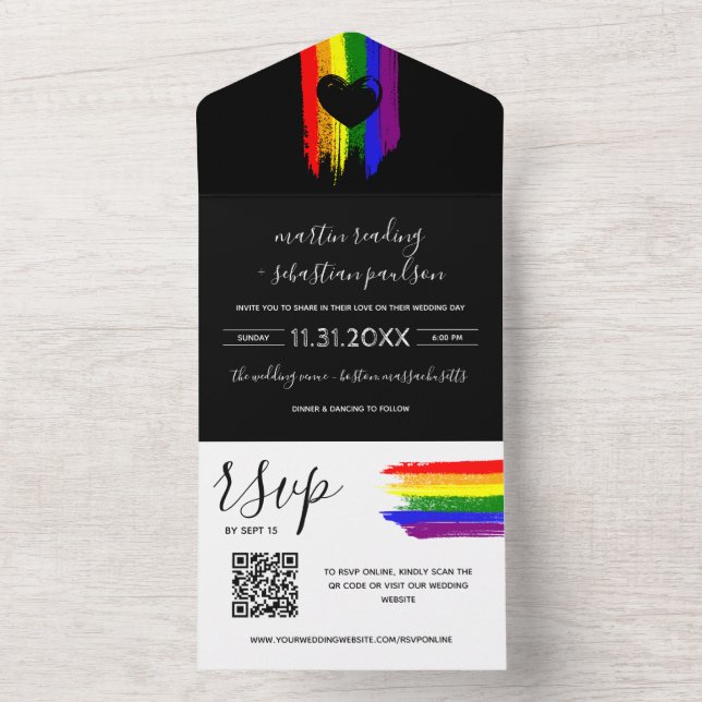 Invitation Tout En Un Paint Strokes Pride Drapeau et Coeur noir QR RSVP (À l'intérieur)
