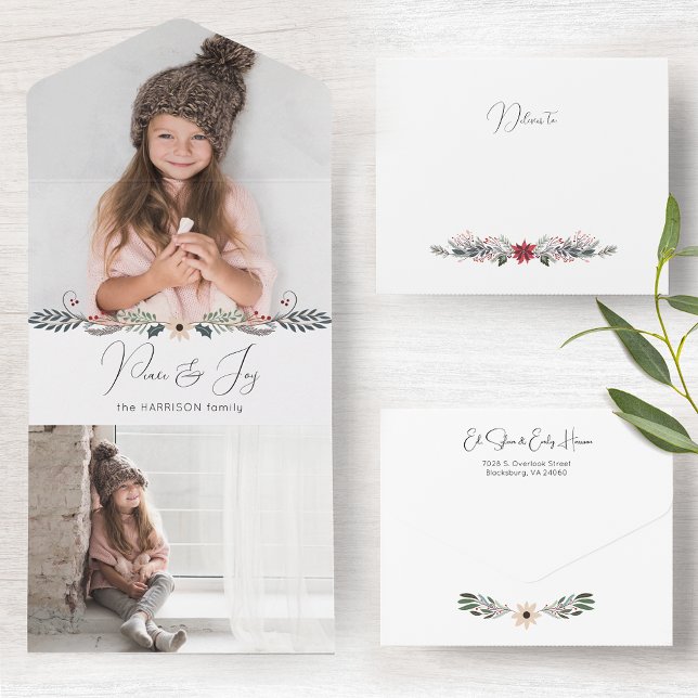 Invitation Tout En Un Paix moderne et joie Noël Photo botanique (Créateur téléchargé)