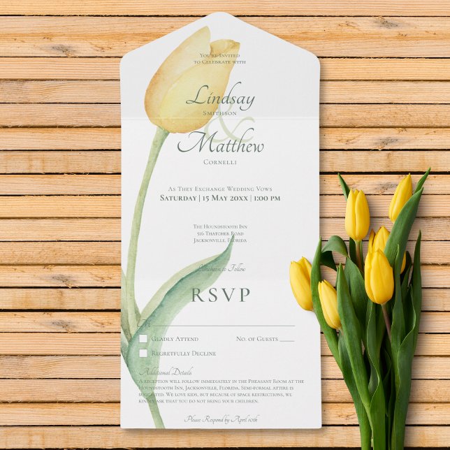 Invitation Tout En Un Pale Yellow Tulip Solo Moderne Sans dîner avec dét (Pale Yellow Tulip Solo Modern No Dinner w/ Details All In One Invitation)