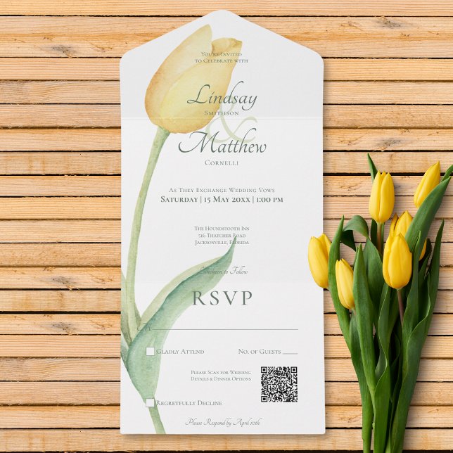 Invitation Tout En Un Pale Yellow Tulip Solo rose moderne QR Code (Pale Yellow Tulip Solo Pink Modern QR Code All In One Invitation)
