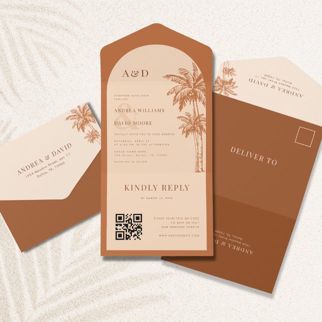 Invitation Tout En Un Palm Tree Terracotta QR Code Tout en un Mariage (Créateur téléchargé)
