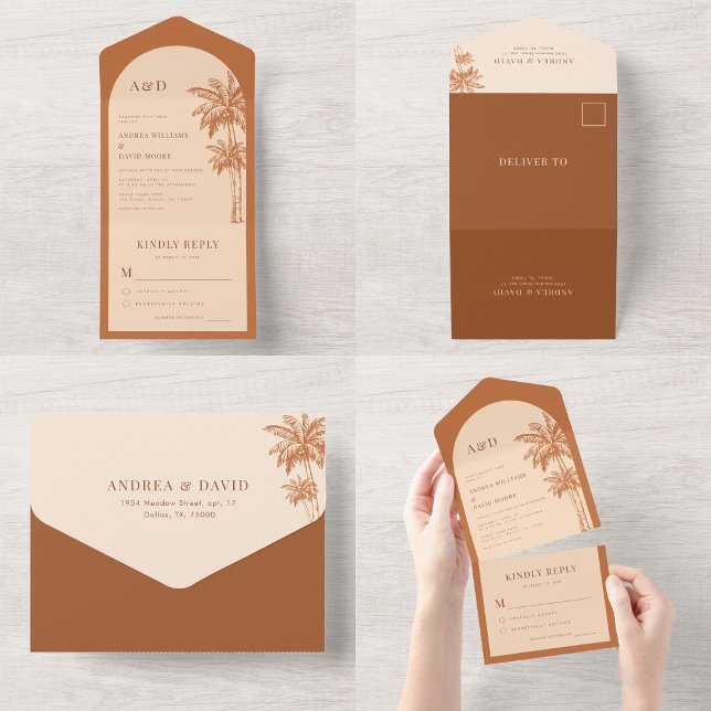 Invitation Tout En Un Palm Tree Tropical Terracotta & Cream Boho Mariage (Créateur téléchargé)
