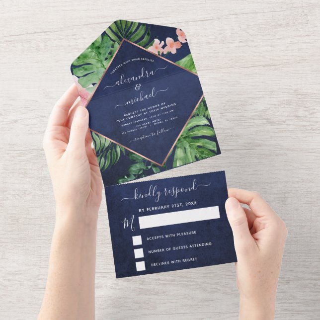 Invitation Tout En Un Palm Tropical Marine Blue Rose Gold Wedding RSVP (Déchirure)