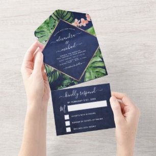 Invitation Tout En Un Palm Tropical Marine Blue Rose Gold Wedding RSVP