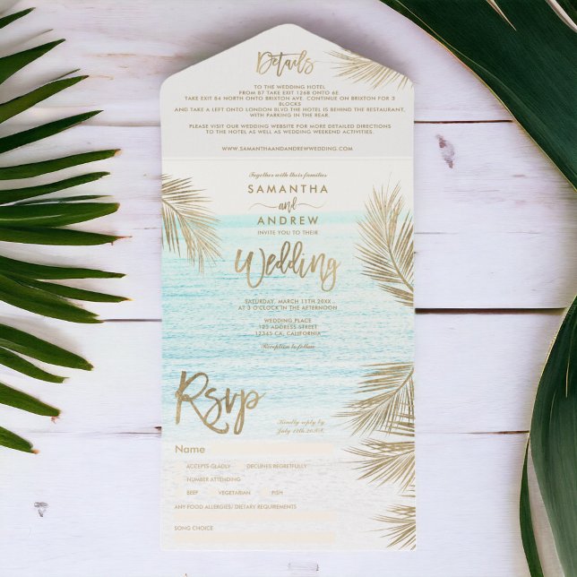 Invitation Tout En Un Palmier d'or moderne chic mariage de plage tropica (Modern chic gold palm tree tropical beach wedding all in one invitation)