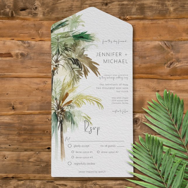 Invitation Tout En Un Palmiers tropicaux Dîner moderne (Tropical Palm Trees Modern All in One Wedding Invitation with Dinner Options)