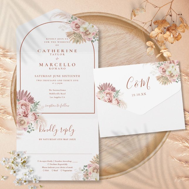 Invitation Tout En Un Pampas Grass Floral Terracotta Arch Mariage Tout E (Pampas Grass Floral Terracotta Arch Wedding All In All In One Invitation)