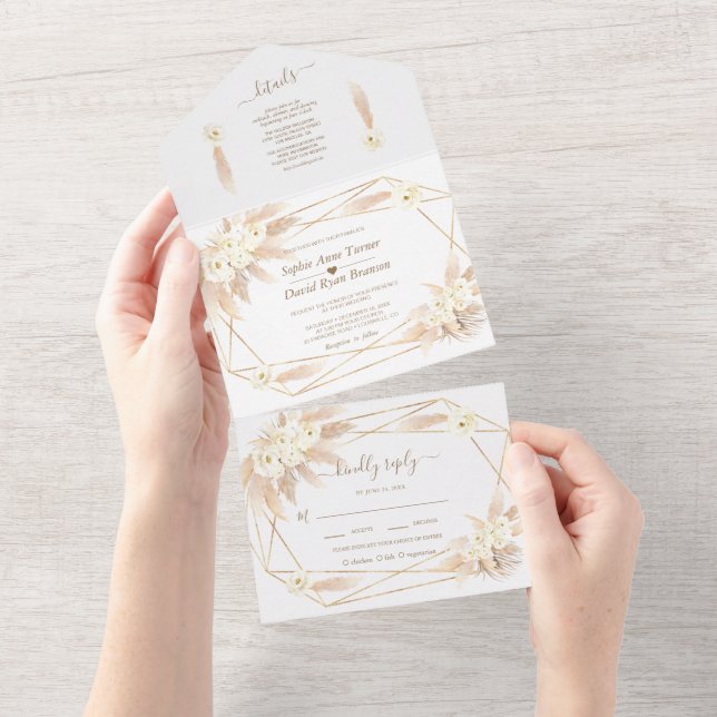 Invitation Tout En Un Pampas Grass Gold Monogram Tout en Un Mariage A (Déchirure)