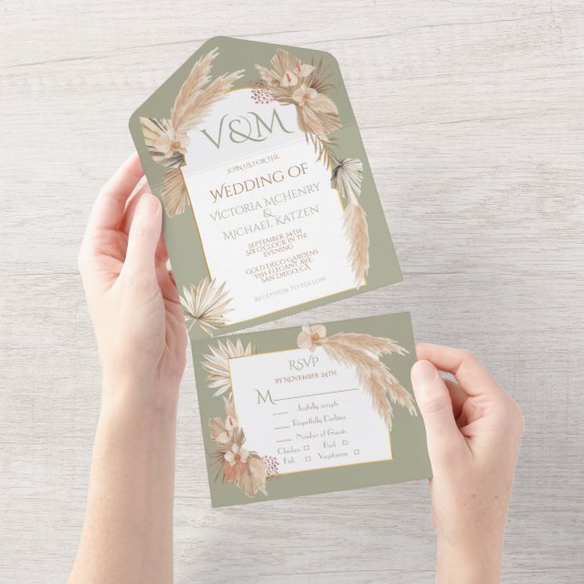 Invitation Tout En Un Pampas Grass & Palm Feuilles avec Orchidées Mariag (Déchirure)