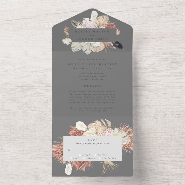 Invitation Tout En Un Pampas Gray Premium Wreath moderne Mariage (À l'intérieur)