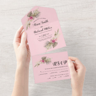 Invitation Tout En Un Pampas herbe palm feuille rose rousse rose mariage