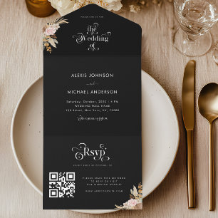Invitation Tout En Un Pampas noir Flore de laiton et Retro Typographie d