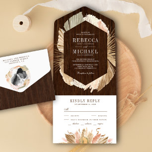 Invitation Tout En Un Pampas Rustique Feuille Mariage en laiton séché Pa