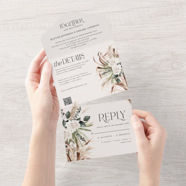 Invitation Tout En Un pampas rustique moderne eucalyptus mariage code QR (Déchirure)
