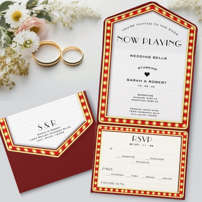 Invitation Tout En Un Panneau Mariage Retro Cinema Movie Theatre Marquee (Retro Cinema Movie Theater Marquee Sign Wedding All In One Invitation)