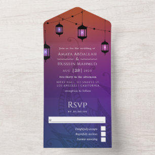 Invitation Tout En Un Papier d'aluminium violet et or Arabian mariage to