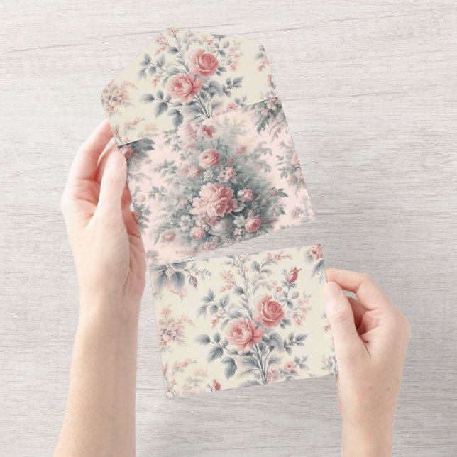 Invitation Tout En Un Papier toile victorien rose floral français (Déchirure)